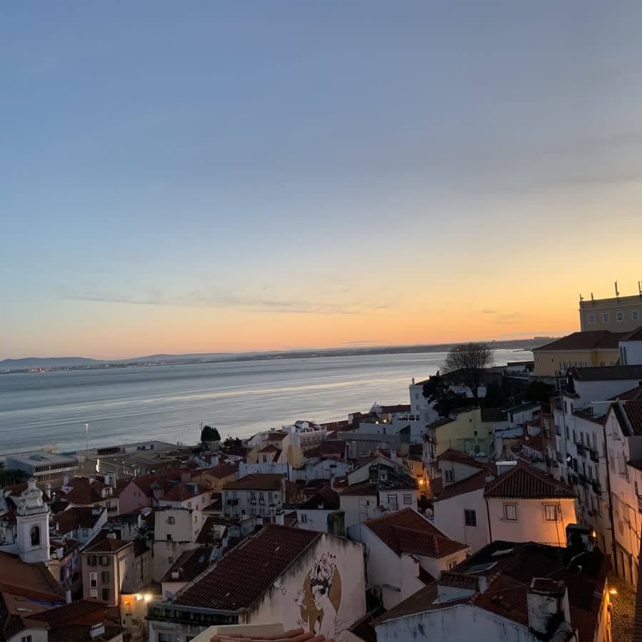 Sunset over the rooftops and the river
