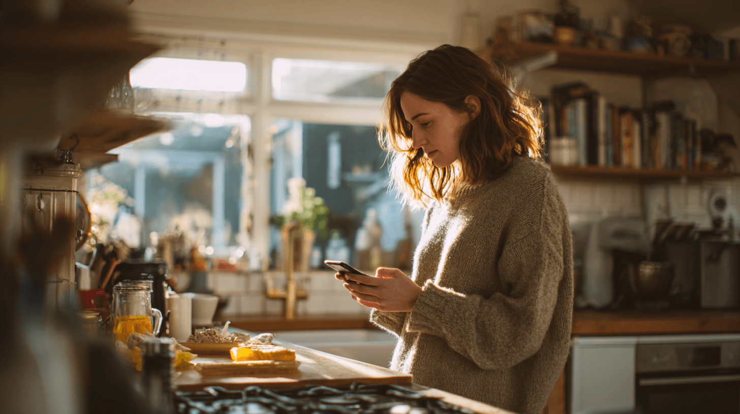 A woman in a sunlit kitchen looking at her phone, breakfast on the counter beside her