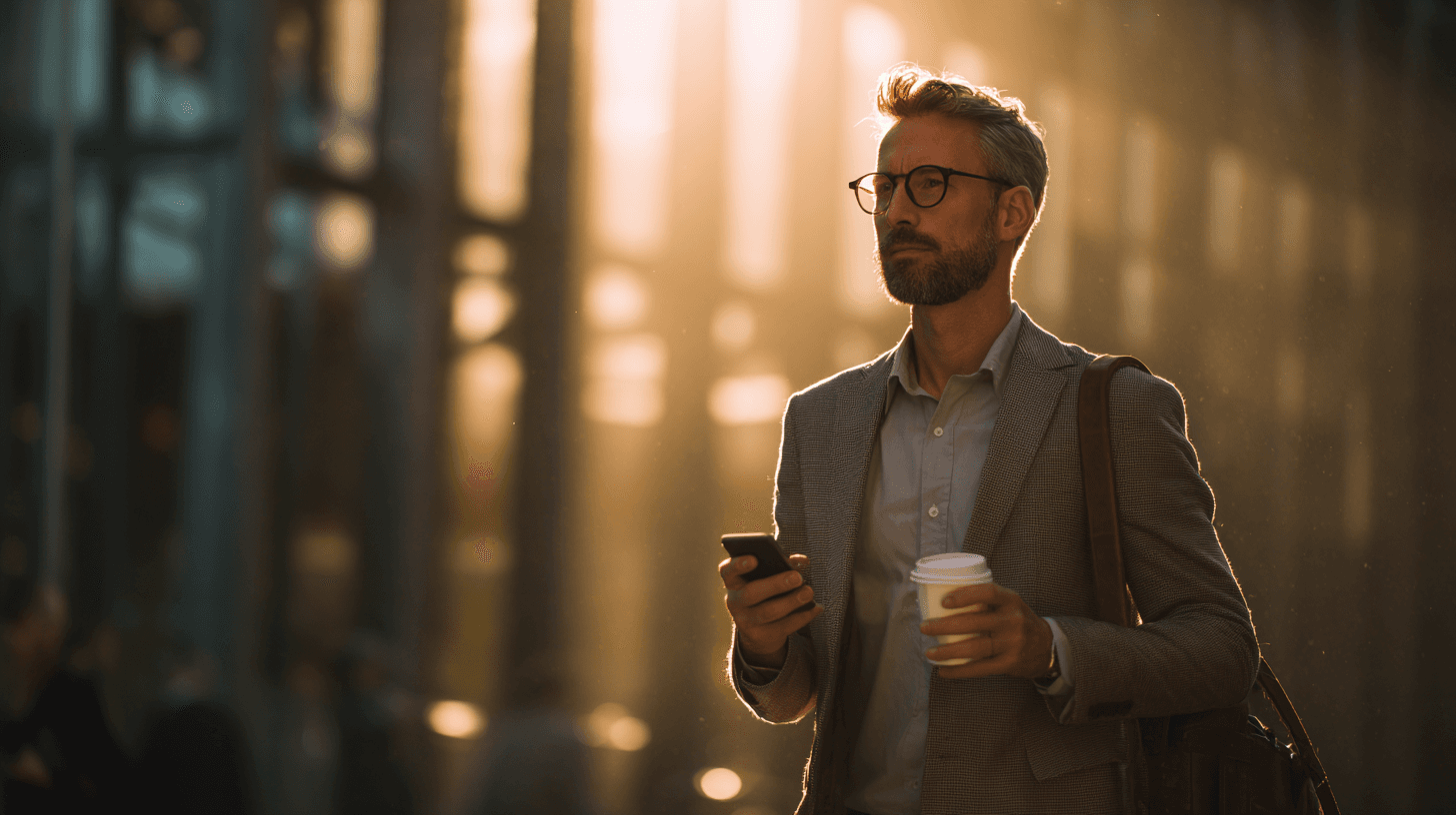 A man in a blazer on a city street at sunset, a phone in one hand and a coffee cup in the other