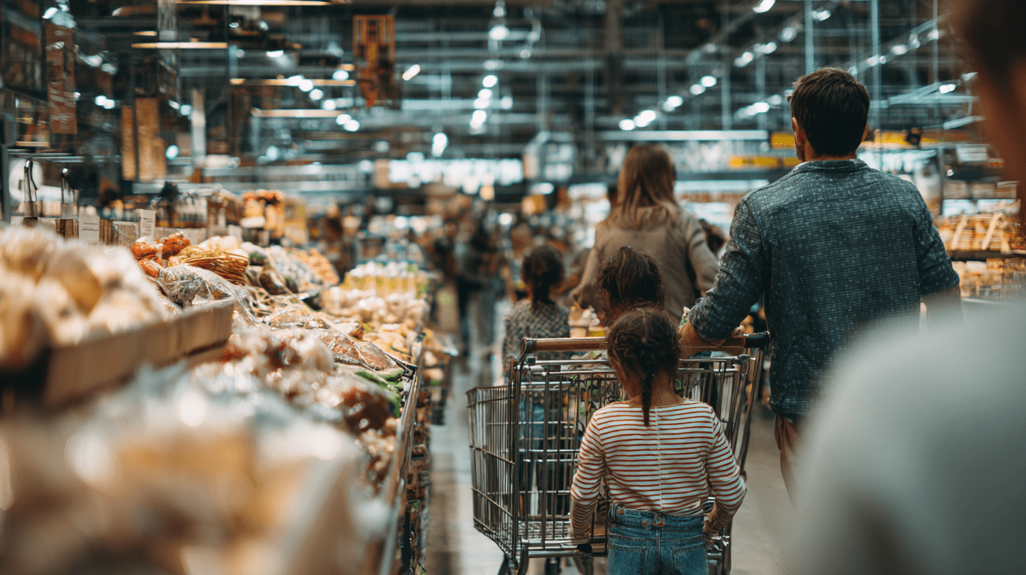 A family walking down a supermarket aisle, a child holding on to the trolley