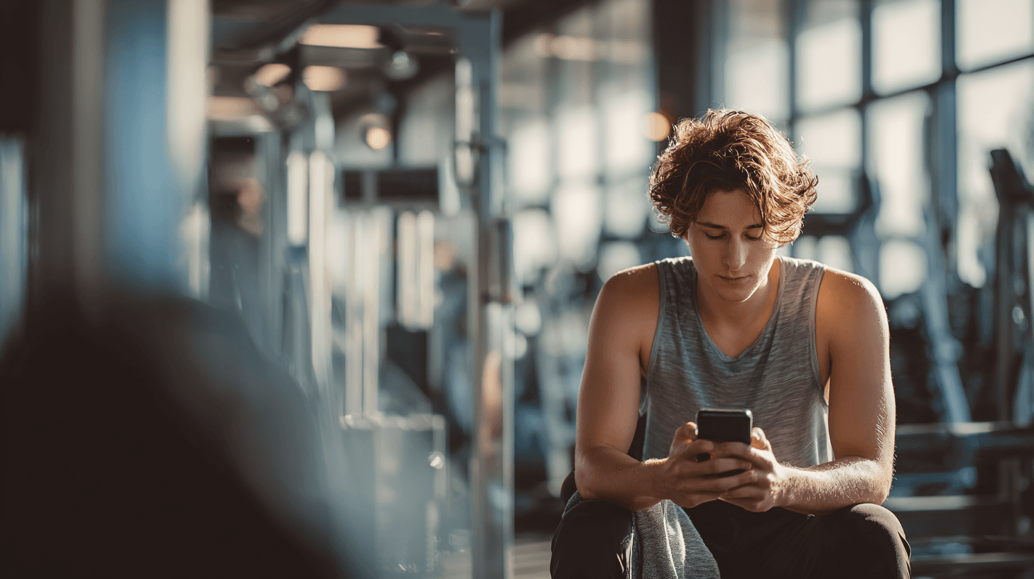 A young man sitting in a gym between sets, looking at his phone