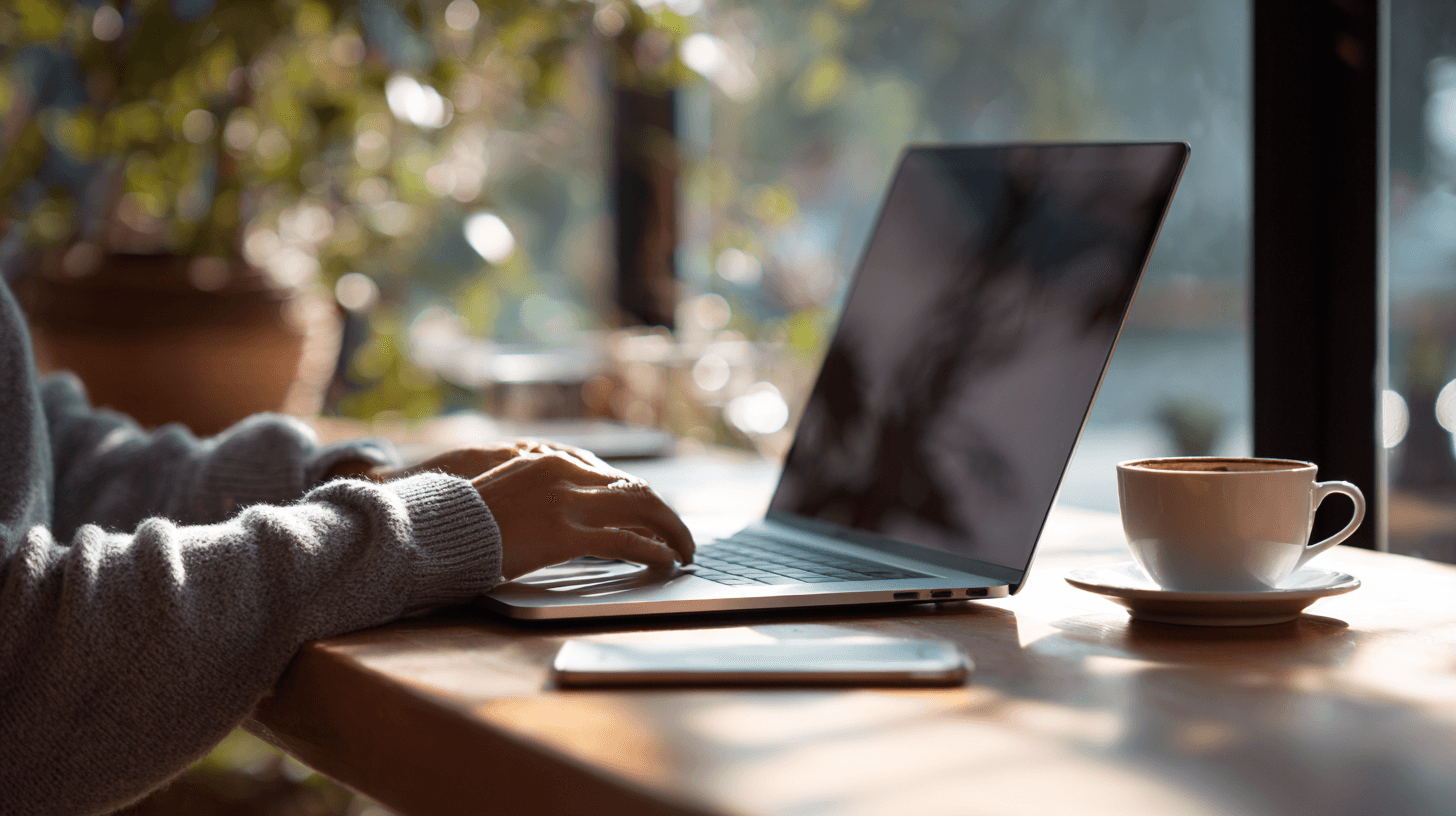 Hands typing on a laptop at a café table, a phone and a cup of coffee beside it