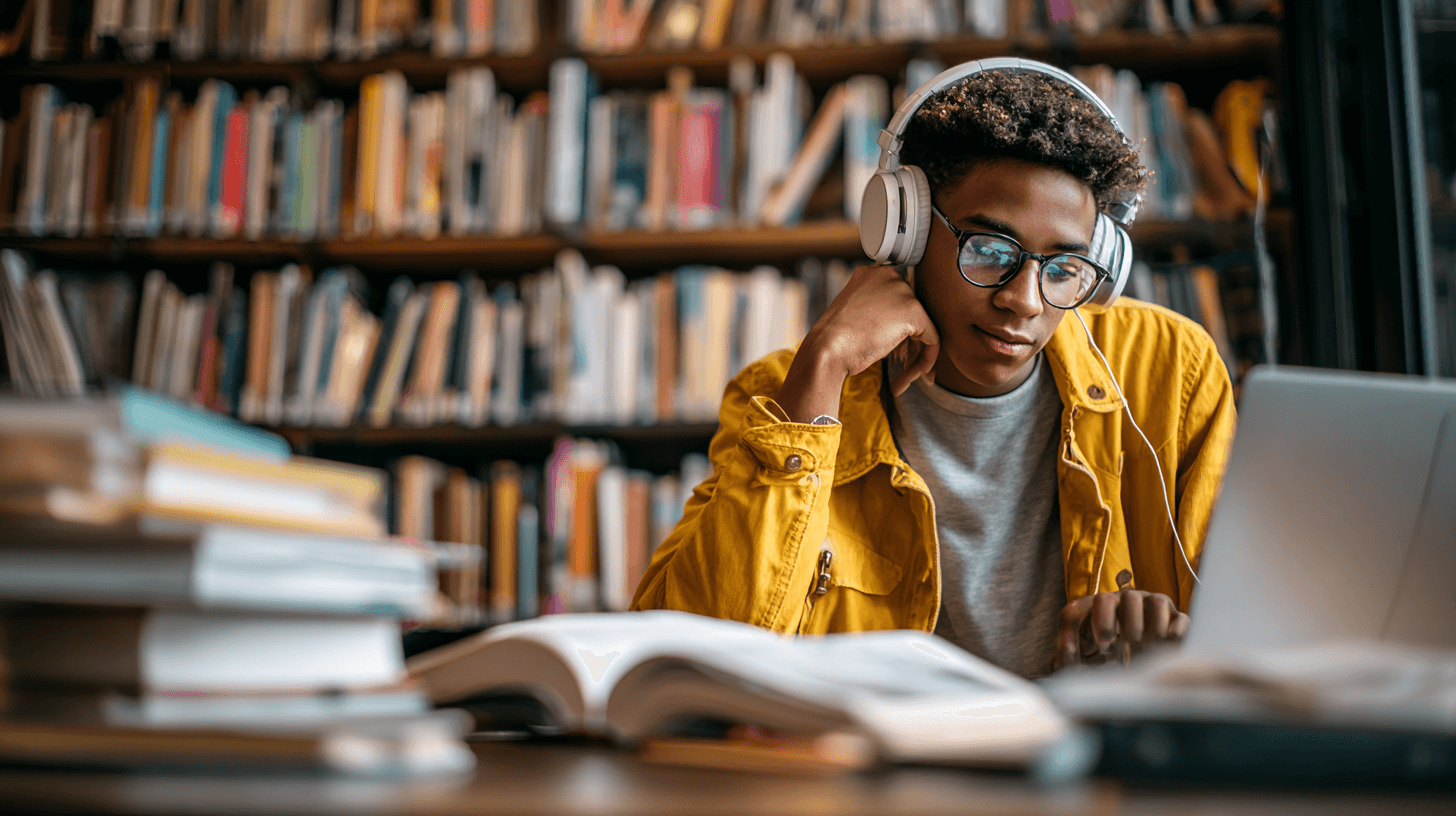 A student in a yellow jacket and headphones reading at a library table stacked with books